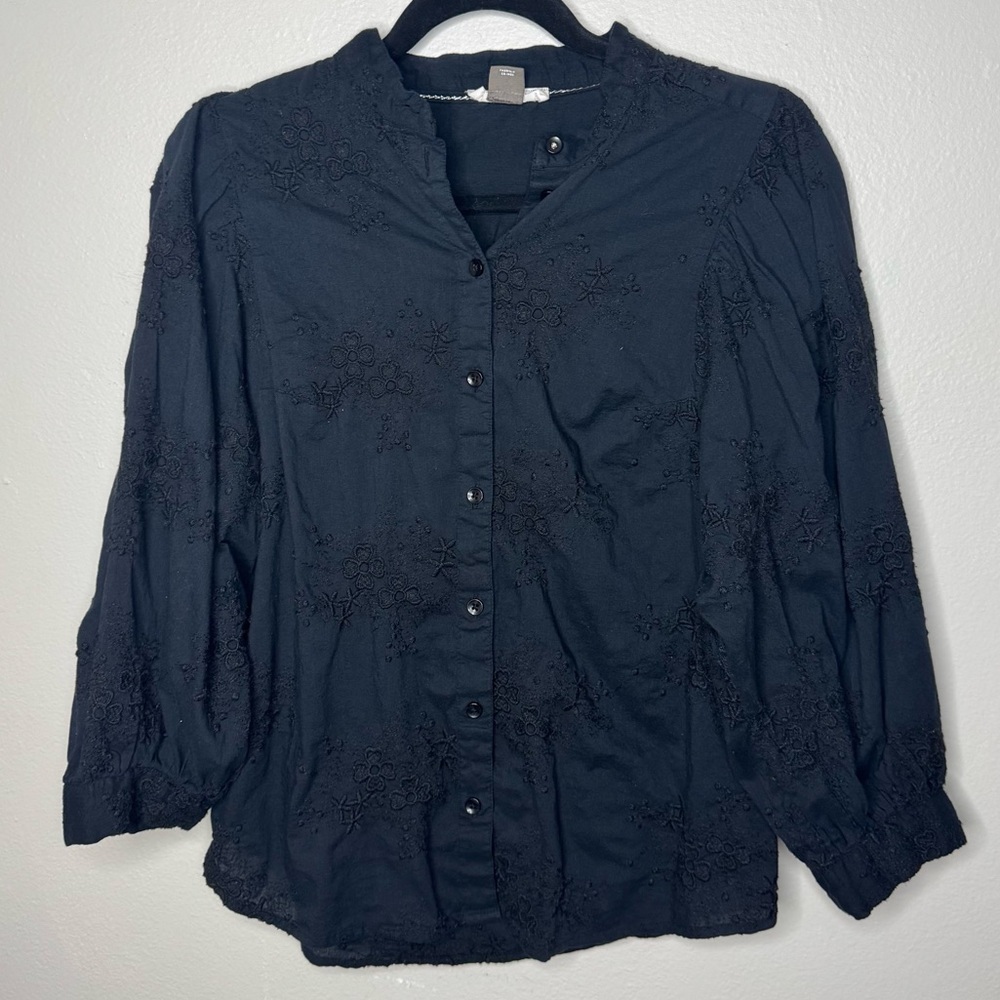 Anthropologie Pilcro Womens Black Embroidered Floral Long Sleeve Button Up Shirt